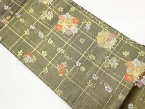 格子に丸文・草花模様織出し名古屋帯